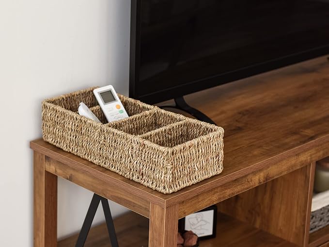 StorageWorks Small Wicker Basket for Organizing with 4-Section, Natural Seagrass Storage Baskets with Dividers for Pantry Shelves, 2-Pack