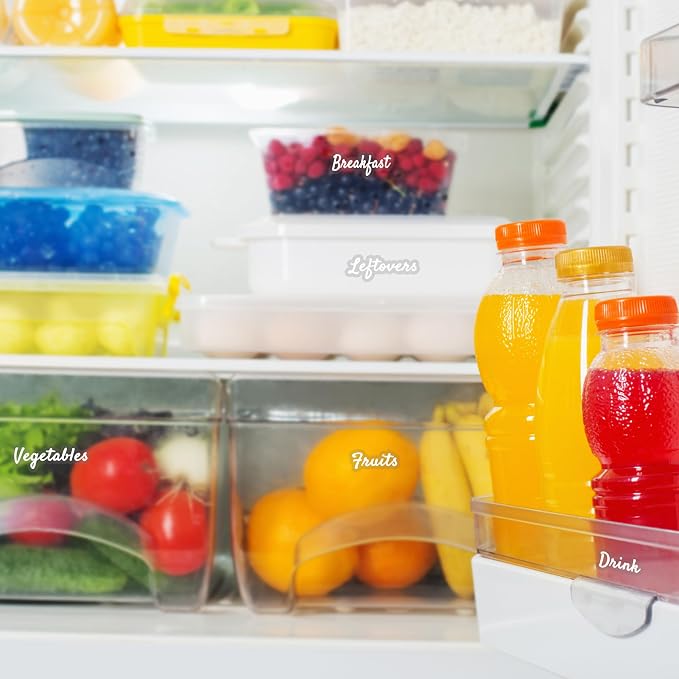 Mintitude Fridge Labels for Food Storage Containers, Preprinted White Script Clear Stickers for Easy Organization in Fridge, Freezer and Pantry Water& Oil Resistant