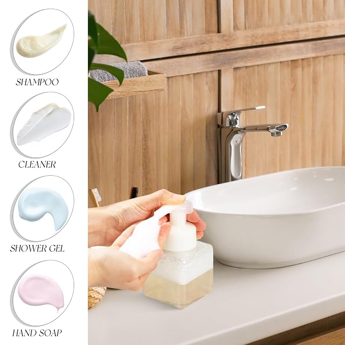 Domensi Foaming Soap Dispenser 8.5 oz Foam Pump Bottle Bulk Empty Travel Foaming Dispenser Refillable Hand Soap Plastic Pump Bottle Travel Clear Container for Bathroom Vanities(12 Pcs,White)