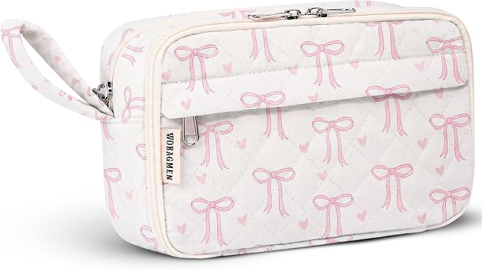 WOBAGMEN Quilted Pencil Pouch for Girls Women, Large Pencil Case Pouch with Compartments Cute Aesthetic Pencil Case Organizer, Floral Pencil Bag for School Supplies (Pink Bow)
