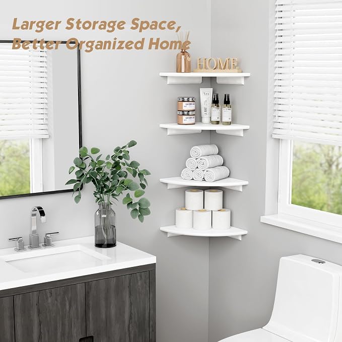 Forbena Corner White Floating Book Shelves for Wall Set of 4, Wood Nursery Corner Bookshelf for Kids Bedroom, Large Modern Round Wall Bookshelves for Living Room Decor, Indoor Plants, Bathroom