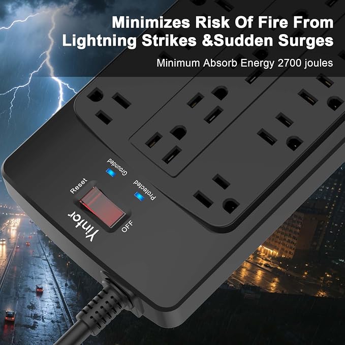 Surge Protector Power Strip, Yintar 6 Feet Flat Plug Heavy Duty Extension Cord with 18 Widely Outlets and 4 USB Ports, 2100 Joules, ETL Listed, Black