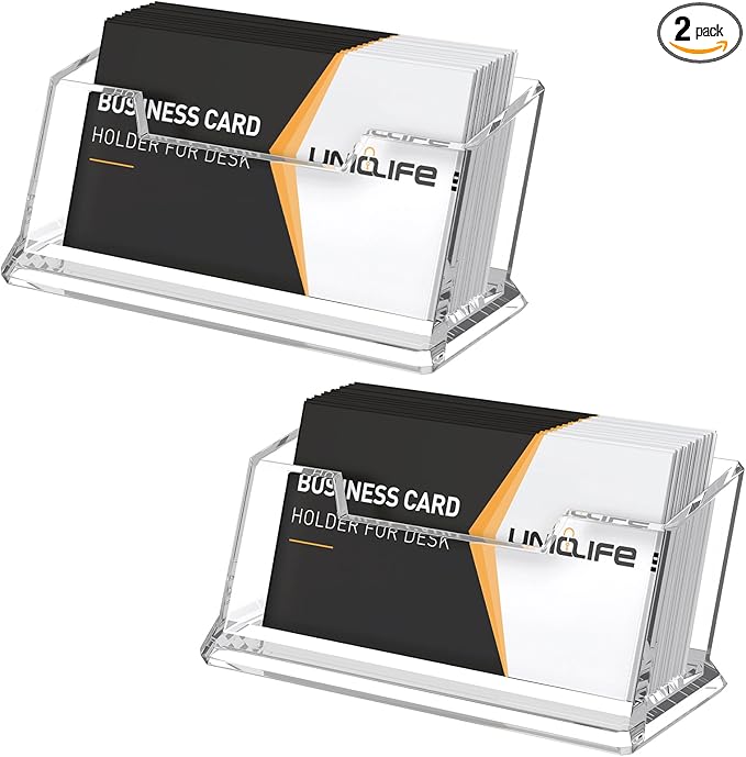 Uniclife 2 Pack Acrylic Business Card Holder for Desk 1 Slot Clear Business Card Display Stand for Men & Women Desktop Business Card Organizer Card Stand for Office Home Exhibition, 60 Card Capacity