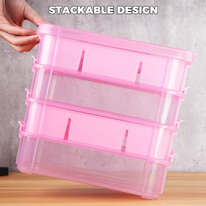CraftGenes Art Supply Storage Organizer, 4-Tier 10 Qt Box, 2 Trays, Pink | Clear Compartments; Dual Removable Inserts; Carry Handle; Side Latches; Markers, Crayons, Brushes, Jewelry, Accessories