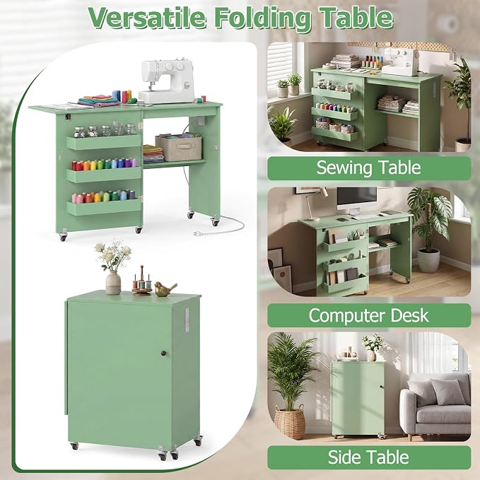 Giantex Folding Sewing Table with Charging Station, Storage Trays & Shelf | Rolling Craft Table with Lockable Wheels, Foldable Sewing Machine Cabinet Desk for Small Spaces, Dorms, Sage