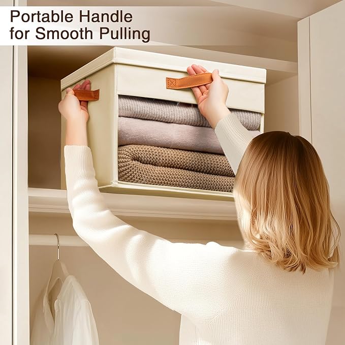 Homsorout Large Storage Bins with Lids - 4 Pack Foldable Decorative Organizers with Clear Windows & Handles, Cube Storage Organizers for Clothes, Blankets, Sweaters, Sheets, Beige