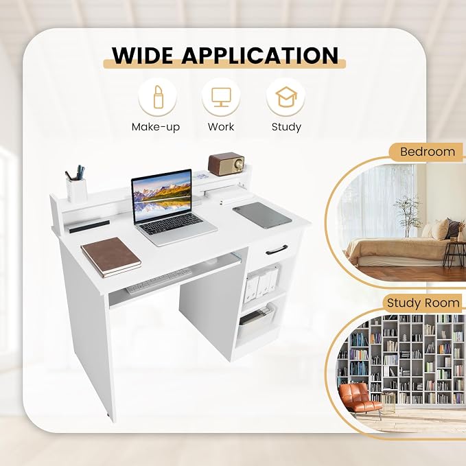 GOFLAME White Computer Desk, Home Office Desk with Large Drawers, Hutch, Keyboard Tray, 5-Position Adjustable Open Shelves, Easy Assembly, Writing Desk for Bedroom, Small Space, Living Room, White