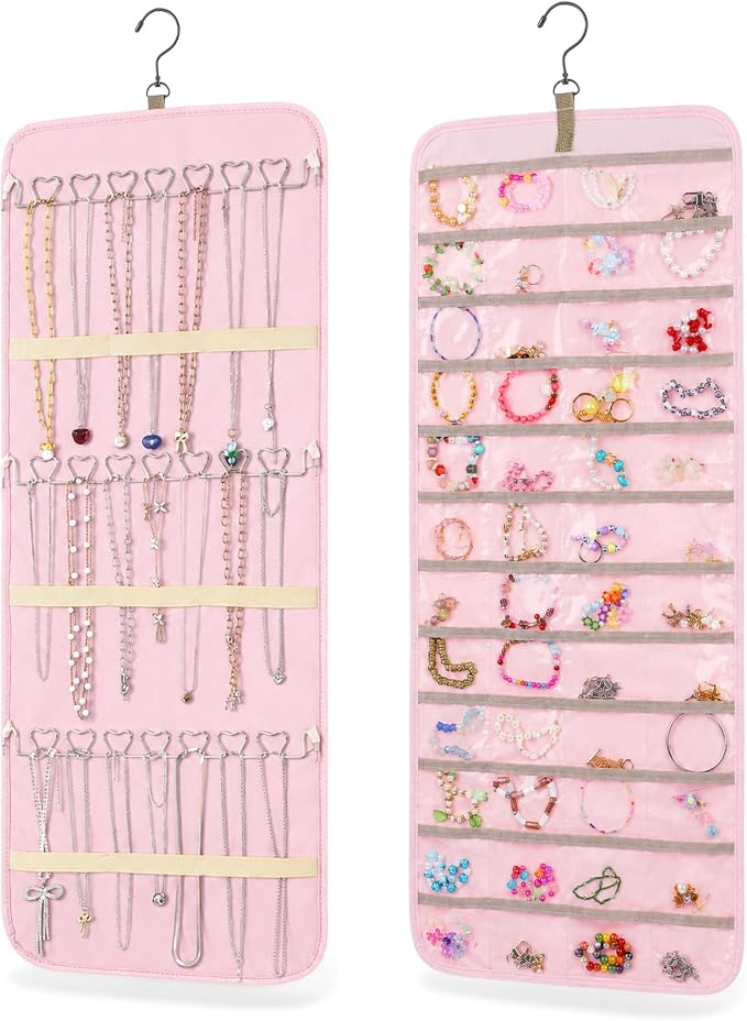 2 Pack Hanging Jewelry Organizer Storage with 48 Pockets and Hooks Dual-Sided Hanging Jewelry Organizers and Storage Hang on Closet, Wall, Door for Earrings, Necklaces, Rings,Pink