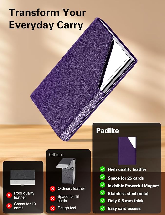Padike Business Card Holder, Upgraded Leather Business Card Case Pocket Card Holders for Men or Women, Metal Slim Name Card Holder RFID Blocking Business Card Carrier with Magnetic Closure(Purple)