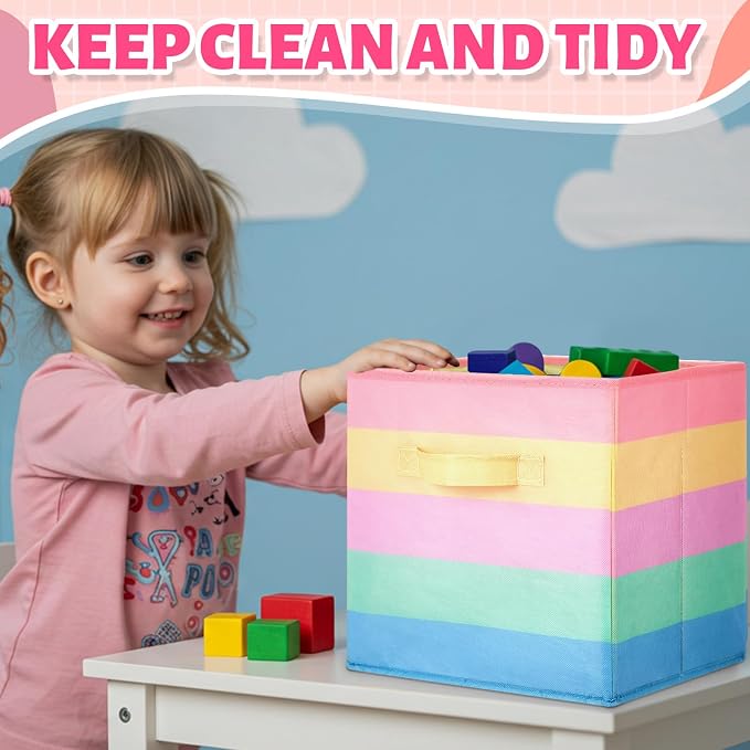Yinder 12 Pcs Cube Storage Bin Rainbow Colorful 10.5''x10.5''x11'' Storage Bins for Playroom Decor Colorful Bins for Kids Foldable Baskets for Nursery Organizer Boxes Fabric Boxes