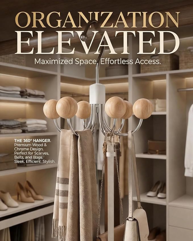 4 Pack Hoodie Hangers 360° Swivel Hooks with Wood Balls, Natural Wood | Hanging Closet Hat Purse Tanktop Handbag Necklace Organizer Bra Hanger and Storage Save Space