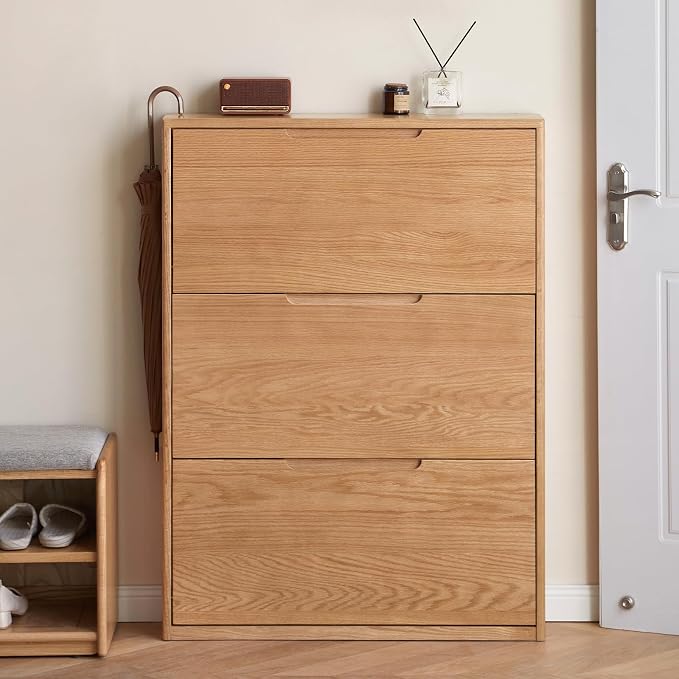 Fully-Assembled Oak Shoe Cabinet with 3 Flip Drawers, Solid Wood Shoe Storage Cabinet, Narrow Shoe Organizer for Entryway, 7.9" x 33.5" x 45.7", Oak Wood, Natural