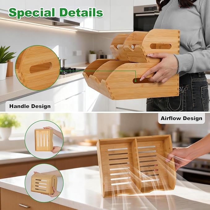 Bamboo Pantry Organizer Bins, Countertop Storage Container for Onion and Potato, Upgraded Airflow Design Keeps Fruits and Vegetables Fresh, Multi-Purpose for Kitchen, Snack Storage, Bathroom(3 Pack)