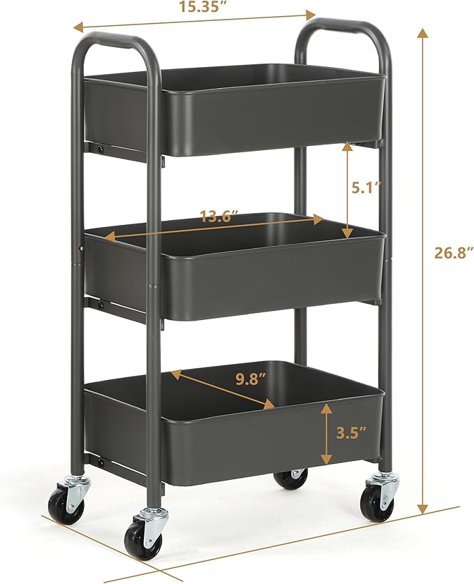 SunnyPoint 3-Tier Delicate Compact Rolling Metal Storage Organizer - Mobile Utility Cart Kitchen/Under Desk Cart with Caster Wheels (Gray, 15.35" X 10.24" X 26.8"H)