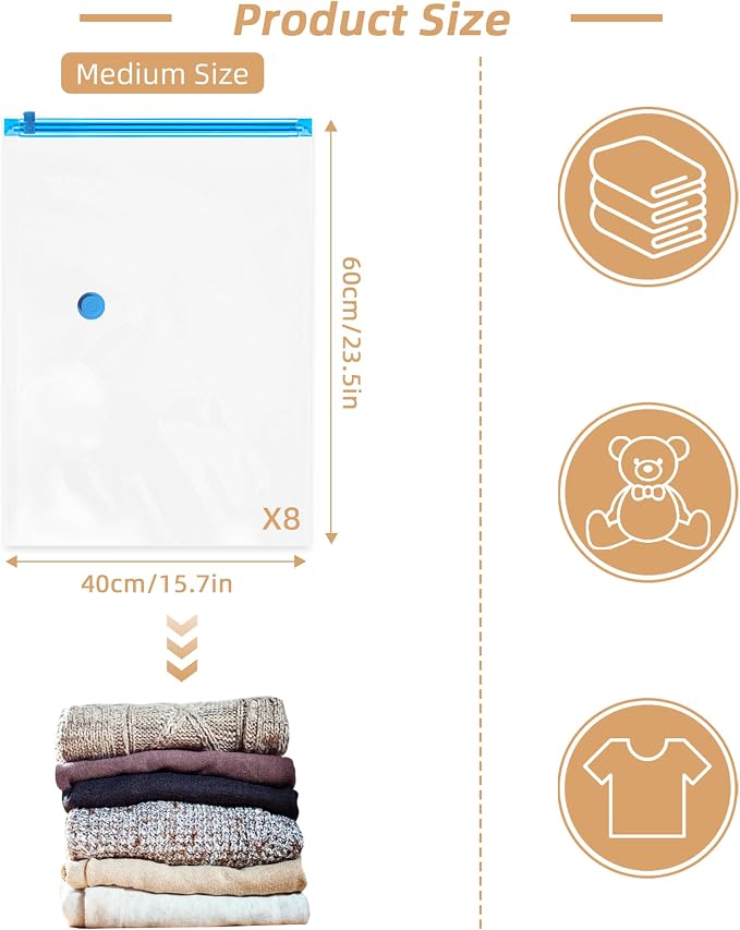 8 Pack Vacuum Storage Bag for Travel with Cordless Electric Pump, Medium | Carry-on Packing Bags for Luggage and Suitcase, Space Saver Compression Clothes Storage Bag with Rechargeable Pump (8 Medium)
