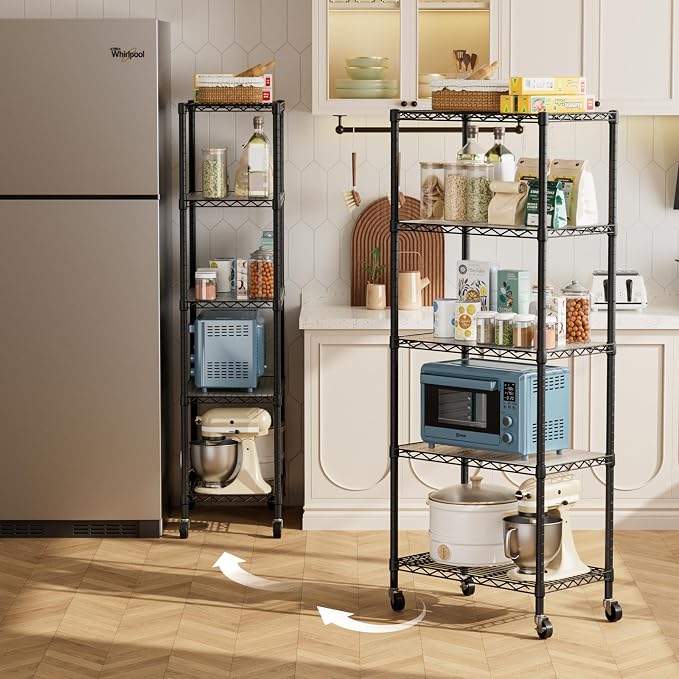 Golpart Shelves Storage Shelf Wire Closet Bathroom Organizers Metal Pantry | 5 tier Kitchen Garage Shelving Unit Laundry Room Organization Home Rack Net Basket Black with Wheels 14”D X 24”W X 61.2”H