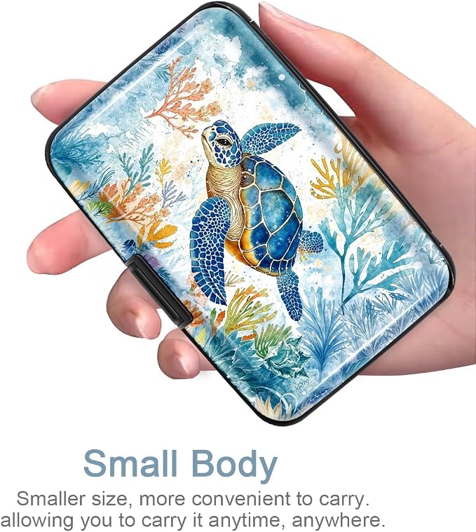 Coco Rossi Credit Card Holder RFID Aluminum Small Mini Wallet Women | Metal Wallet, Business Cards Holder, ID Case, Slim Sleeves, Womens Girls Gift, Carry Proof Wallets for Travel, Sea Turtle