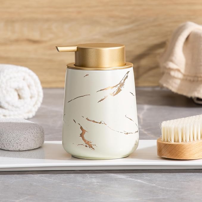 Enra Ceramic Foaming Soap Dispenser -12oz Modern Foam Gold Hand Soap Dispenser Bathroom, Refillable Dish Wash Soap Bottle for Kitchen with Large Pump(Gold Foam Type-Beige)