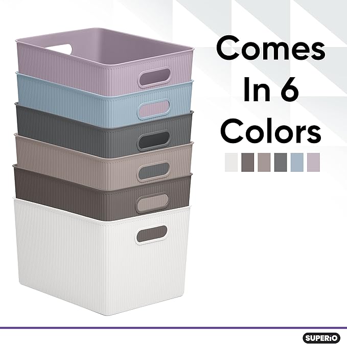 Superio Ribbed Collection - Decorative Plastic Basket Open Home Storage Bins Organizer, X-Large Lilac Purple (6 Pack) Container Boxes for Organizing Closet Storage Bins for Shelves 22 Liter/23 Quart