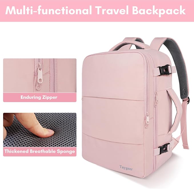 Taygeer Laptop Backpack for Women, TSA Friendly 40l Carry On Mochila | Large Travel Backpack with 17.3" Laptop Compartment, Daypack Business Computer Bag for Office Work Travel Essentials, Pink