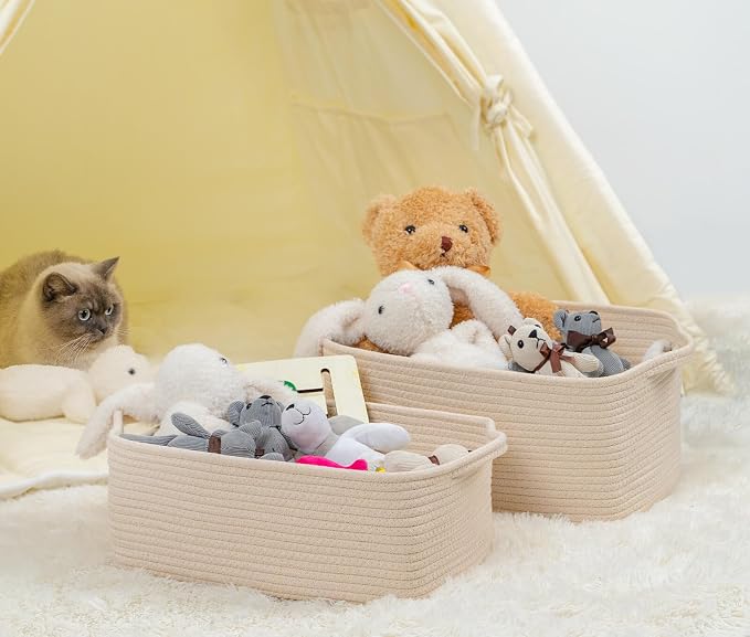 CubesLand Cube Storage Organizer Basket Bin, Cotton Rope Shelves Basket | Durable Woven Rectangular Shelf Basket for Organizing, Nursery Toys Basket, Beige Basket