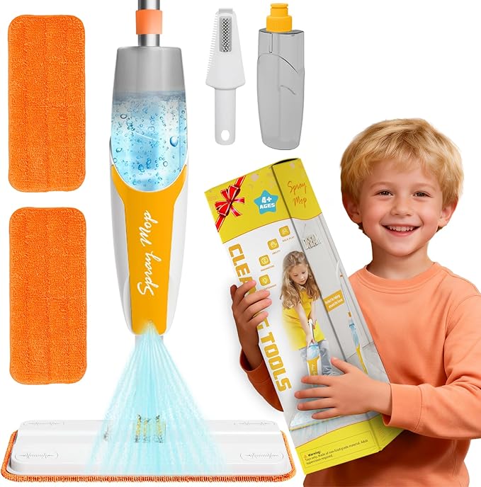 Kids Spray Mop Toy with 420ML Refillable Water Bottle, Montessori Toddler Cleaning Set for Real Floor Cleaning, Pretend Play Toy Housekeeping Kit with 2 Washable Microfiber Pads and Scraper, Orange