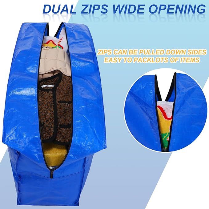 Windyun 4 Pack 57 Gallon Extra Large Moving Bags XXL Heavy Duty Storage Bag with Strong Zipper Handle Jumbo Big Tote Box Foldable for College Dorm Travel Clothes Duffle Blanket Pillow(Blue)