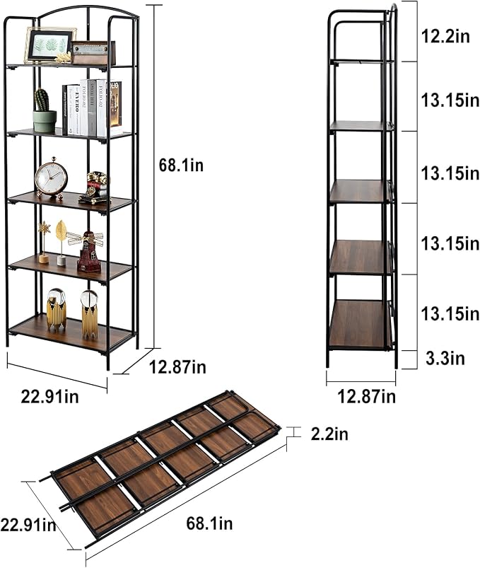 Crofy 5-Tier Foldable Bookshelf, Black Frame & Walnut Shelves | No-Assembly Collapsible Portable Storage Organizer; Sturdy Walnut Finish Shelves; Ideal for Living Room & Home Office