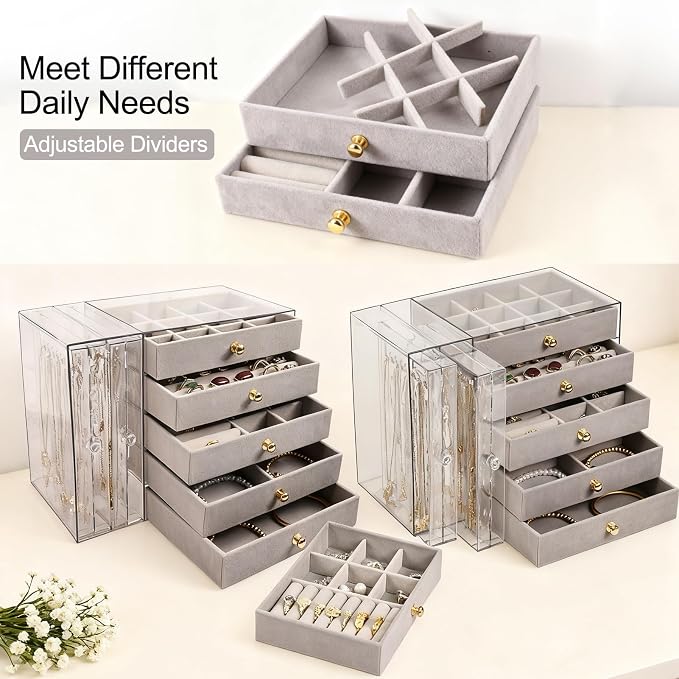 Greenfeather Jewelry Organizer and Storage with 7 Removable Drawers, Clear Acrylic Jewelry Box with 16 Necklace Hooks 48 Pairs of Earring Holes 5 Velvet-Lined Drawers for Rings Bracelets Necklaces