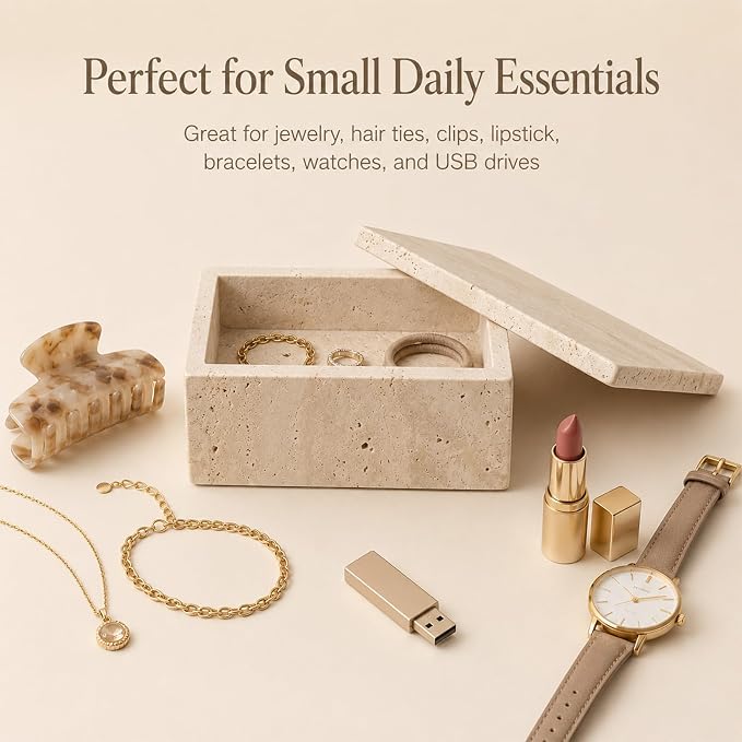Natural Travertine Rectangular Box with Lid | Natural travertine box for jewelry, makeup pads, clips and dry small vanity essentials.