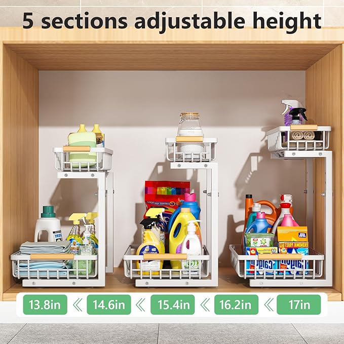 Merrylun Under Sink Organizers,5 Adjustable Height，Metal Pull Out Under Sink Organizers and Storage Shelves with Sliding Drawer (White, 2 pack)