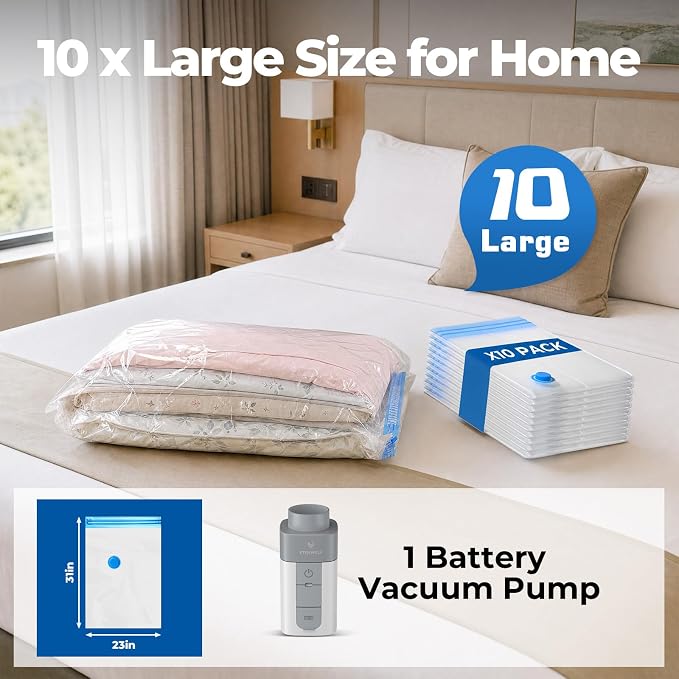ETENWOLF Vacuum Storage Bags for Travel with Rechargeable Wireless Pump, Vacuum Seal Bags for Clothes and Travel, Space Saver Bags in Carry-On Sizes, Perfect for Luggage and Suitcases, 10 Large