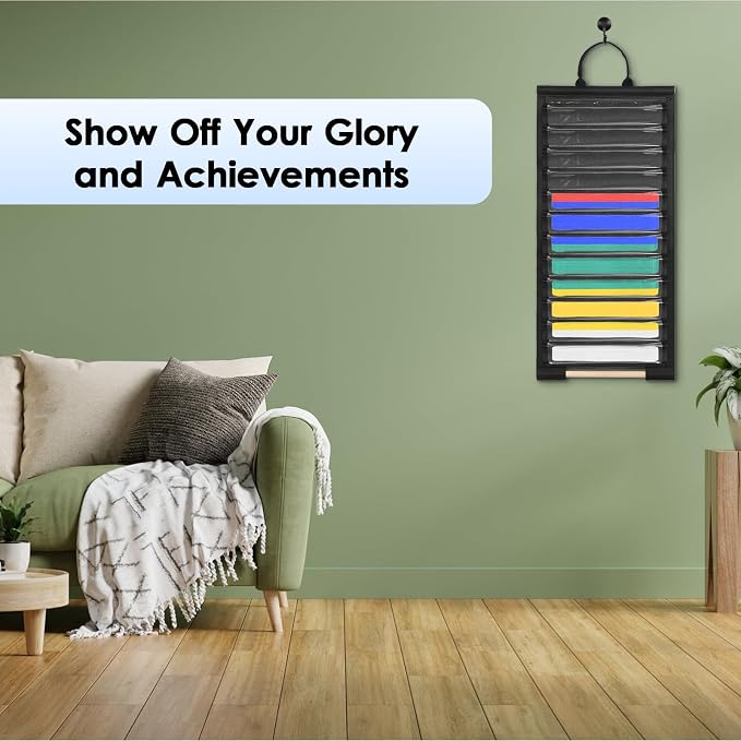 Wall Hanging Belts Display Rack for 12 Belts, Dust-Free Martial Arts Organizer with Bamboo Medal Hanging Bar, Lightweight Jiu Jitsu Belt Hanging Holder for BJJ, Martial Arts Learners