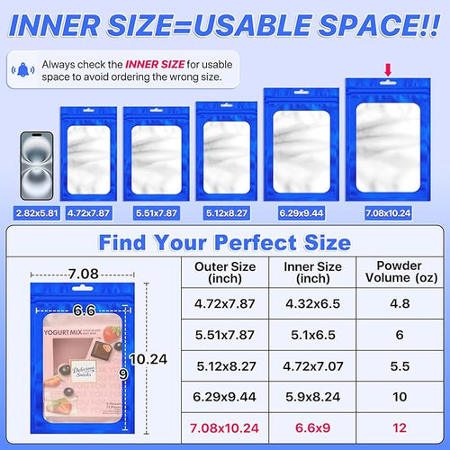 100 PCS Resealable Mylar Bags with Frosted Clear Window Packaging Bags Foil Pouch Zipper Bag for Food Self Sealing Storage Supplies (7.08x10.24, Blue)