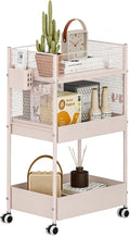 3 Tier Rolling Storage Cart Metal Utility Cart with Wheels | Office Organizer with Hooks & Hanging Cups, Mobile Shelving Unit for Kitchen Nursery Craft Snack Book