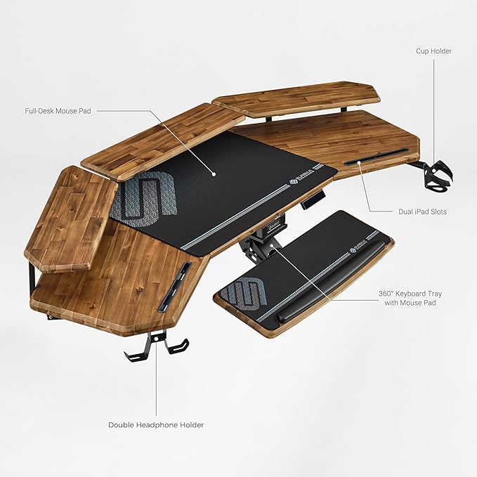 EUREKA ERGONOMIC Solid Wood Top Gaming Desk, 72" Dark Acacia Wood Wing-Shaped Studio Desk with Keyboard Tray, LED Shelves, Heavy-Duty Recording & Live Stream Desk