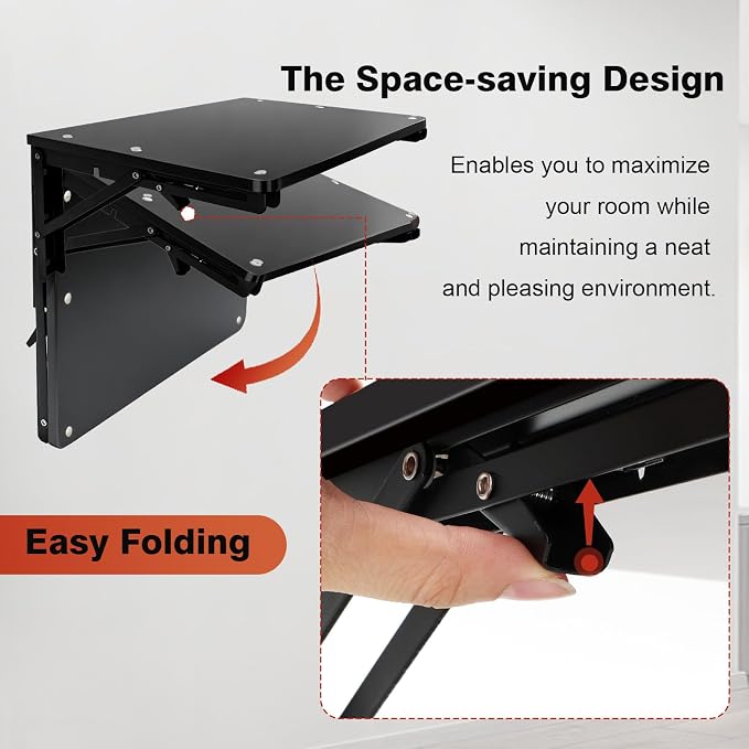 Folding Shelf Wall Mounted, 16.5inches Floating Desk for Small Space | Wooden Fold Down Projector Shelf, 2pcs Heavy-Duty Brackets Holds Up to 55lbs for Bedside, Living Room, Home Office, Kitchen