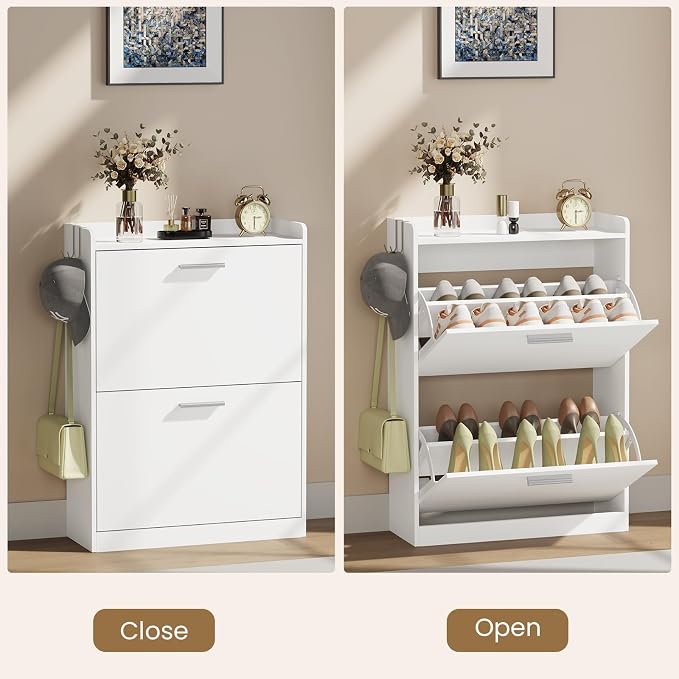 Shoe Cabinet Organizer with 2 Flip Drawers & 2-Tier Adjustable Shelves, Freestanding Shoe Rack Cabinet, Narrow Shoe Storage for Entryway, Foyer, Hallway, 23.6" W × 8.7" D × 33.1" H, White
