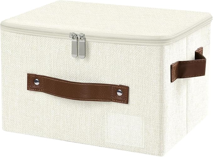 ANMINY Small Fabric Storage Box Bins with Zipper Lid, Washable Beige | Cotton Linen Fabric, PP Board Frame, Label Holder, Stackable & Foldable, PU Handles, Dual-Zipper 3-Side Open Lid