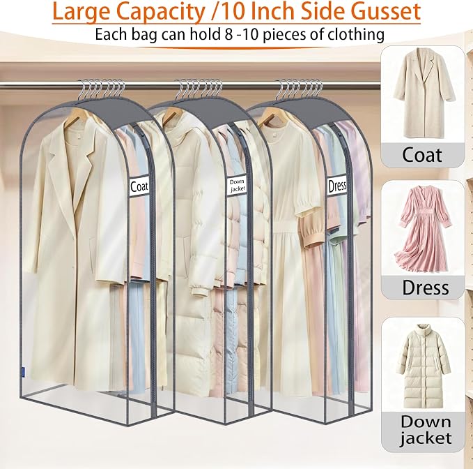 Clear Garment Bags for Hanging Clothes 10" Side Gusset, Suit Bags for Closet Storage, Suit Cover for Shirts Coats Dresses (24"X52"X10" 3Pack)