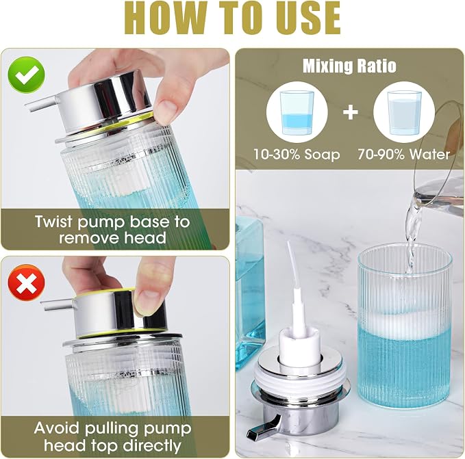NiHome Foaming Hand Soap Dispenser 14oz Ribbed Glass, Non-Slip Bath Kitchen | Vertical-Ribbed Glass Bottle with Foam Pump and Stable Non-Slip Mat for Bathrooms and Kitchens