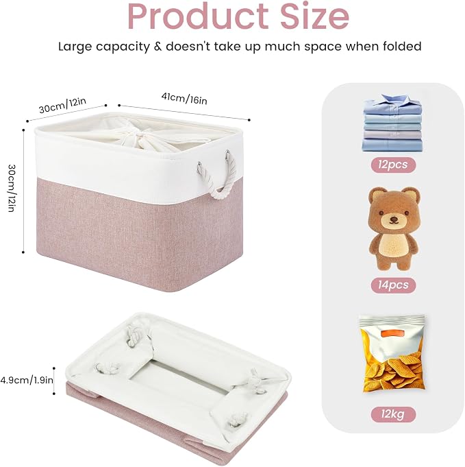 16x12x12 In Foldable Fabric Large Storage Bins with Handle 3 Pack | Storage Basket with Draw String Top, Sturdy Metal Strand, Cardboard Support Molding, for Shelf, Closet, Bedroom, White/Pink