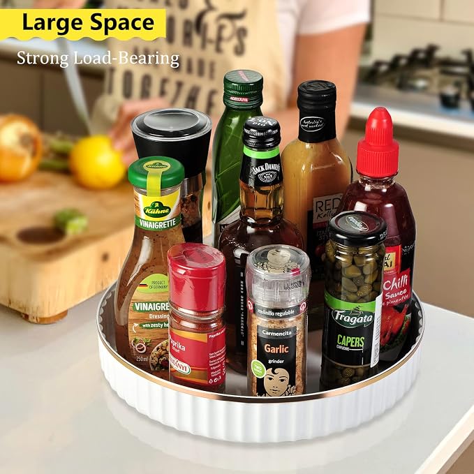 2 Pack 10" Fluted Lazy Susan Organizer, Turntable Spice Rack for Cabinet, Kitchen, Pantry Organizer and Storage, Fridge, Bathroom Vanity Countertop, Under Sink Organizing, Expandable Lazy Susan-White