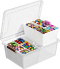 MACOPRO 17QT Craft Storage Box with 2 Removable Caddy Trays, Clear Stackable Plastic Organizer with Lid for Art Supplies, Beads, Sewing Tools, Pens & Kids Toys (White, 1Pack-2-in-1)