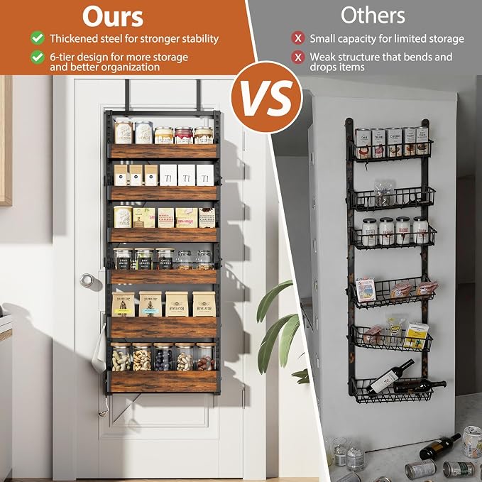 Over the Door Pantry Organizer: Storage and Pantry Organization with Hanging Basket - 6-Tier Metal Spice Rack Adjustable Shelves for Kitchen Laundry Room Bedroom & Bathroom Black