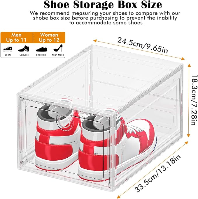 ARSTPEOE 6-Pack Clear Shoe Storage Boxes Magnetic Stackable | Upgraded Harder Material, Stackable Space-saving, Fits Sneakers & Boots, Clear Magnetic Front Door