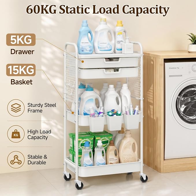 3 Tier Rolling Cart with 2 Drawers, Metal Utility Storage Carts with Wheels | Kitchen Rolling Cart 4.5" Deep Basket, Mesh Side Panel with 3 Cups, 4 Hooks for Office, Bedside, Craft Storage Cart