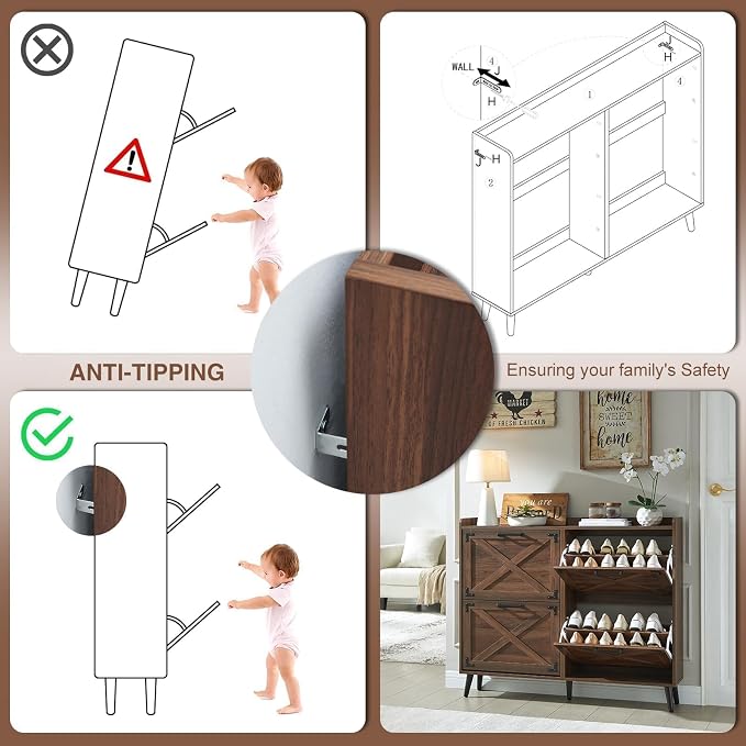Barnyatoh Shoe Storage Cabinet,Farmhouse Shoe Organizer with 4 Flip Drawers & Barn Door Design,Hidden Slim Narrow Shoe Rack Cabinet for Entryway,Foyer,Hallway,Walnut