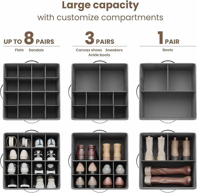 Varhomax Shoe Organizer Box 2 Pack for Closet, Fabric Shoe Storage Bin with Adjustable Dividers & Clear Cover, Holds up 16-32 Pairs of Sneakers & Sandals for Entryway, Cubby (Gray)