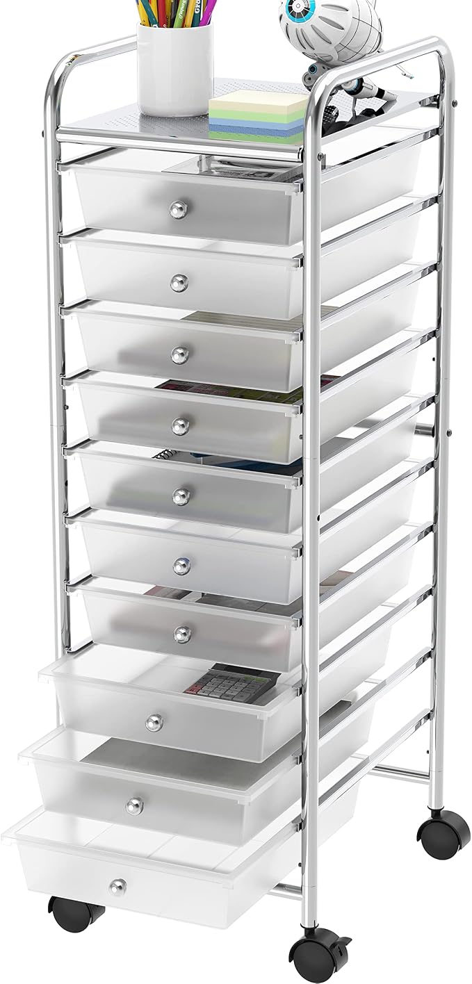 Simple Houseware 10 Drawers Rolling Utility Cart Organizer, Chrome | 1-Column, 36" Height, Lockable Wheels, for School, Office, Art Craft, and Paper Storage